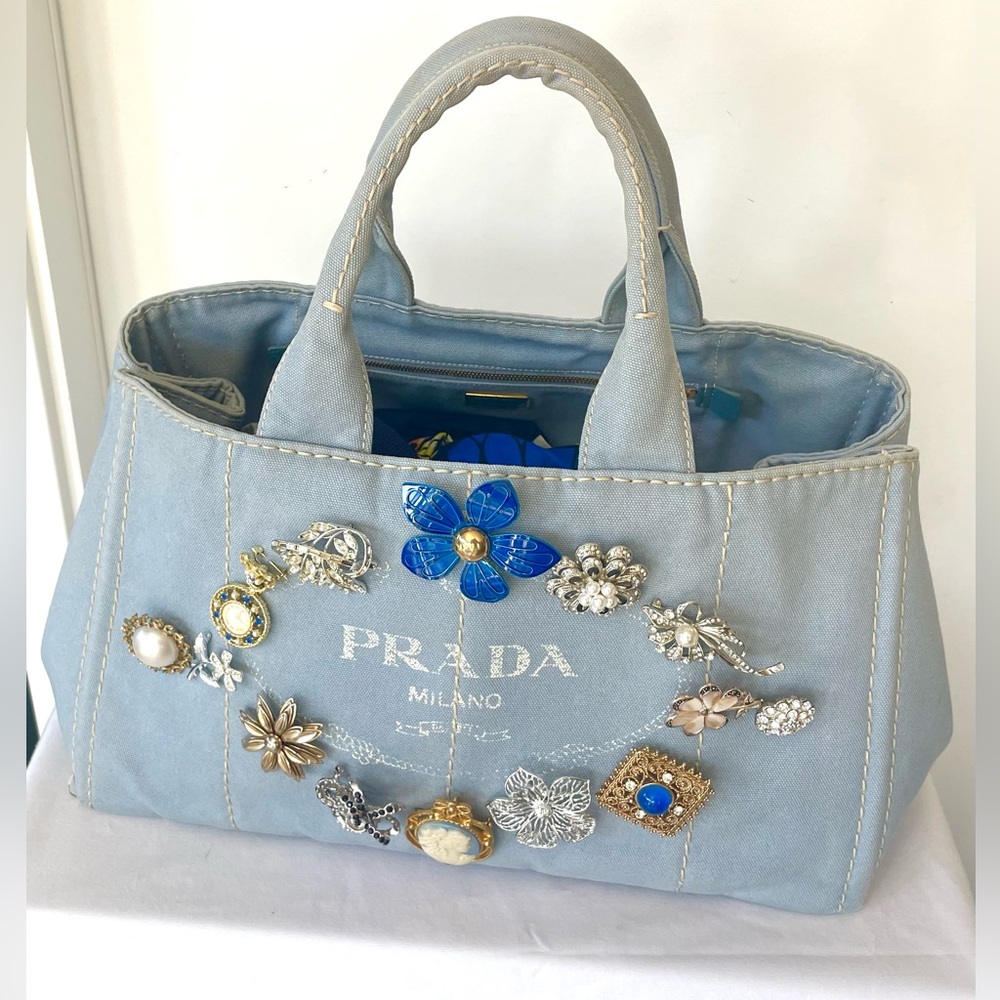 Prada Light Blue Denim Tote, Custom Embellished with 14 Vintage Brooches,16x9x10 - Picture 3 of 16